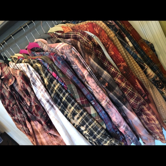 Vintage Tops - Distressed Bleached Vintage Button Down Flannel